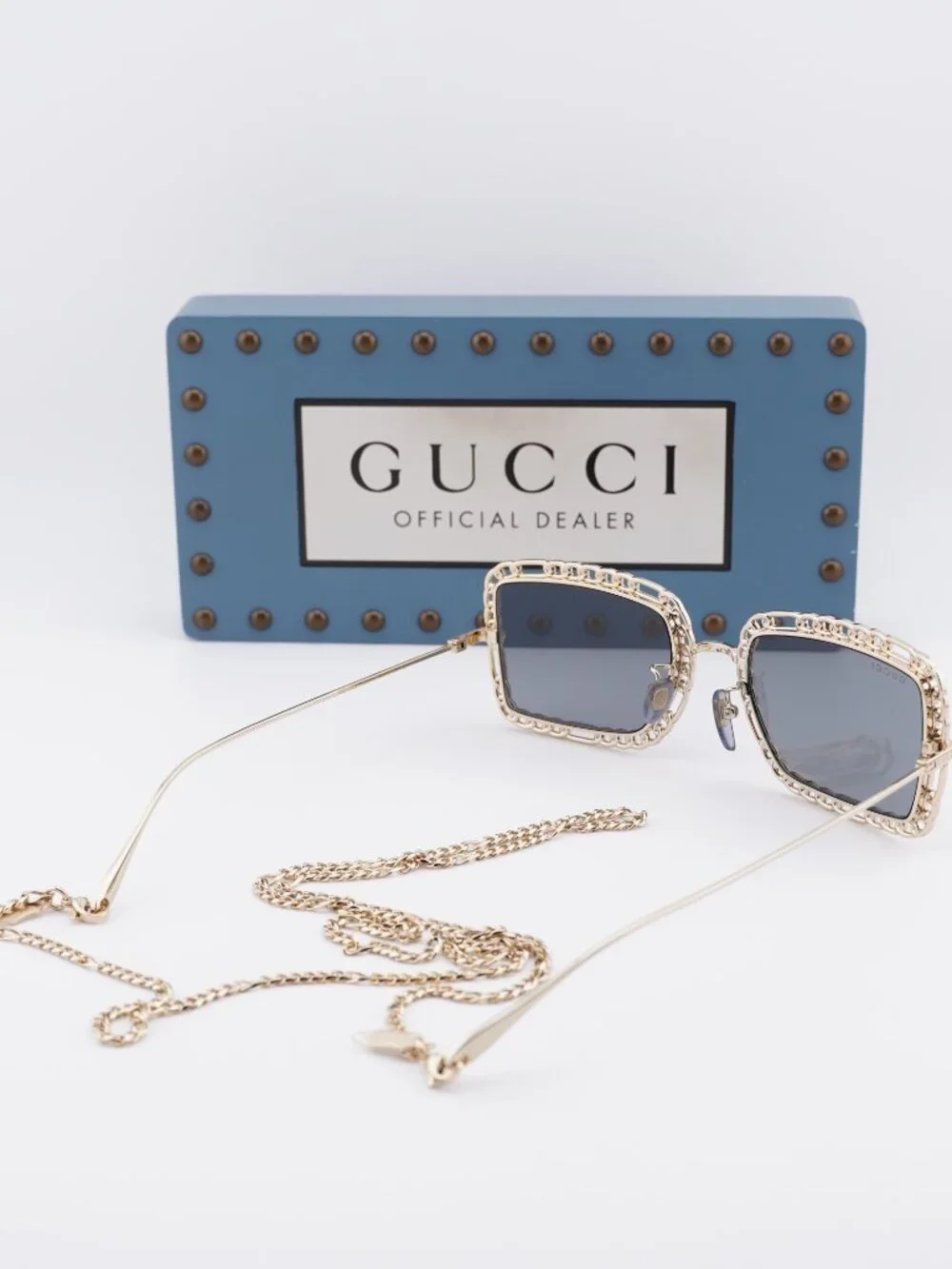 Gucci GG1112S 001 Square Sunglasses - Gold with Gold Chain/Grey